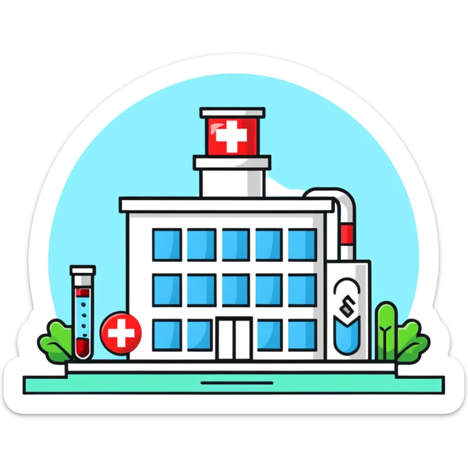 Modern medical clinic building with red cross symbol, test tubes, and heart icon sticker