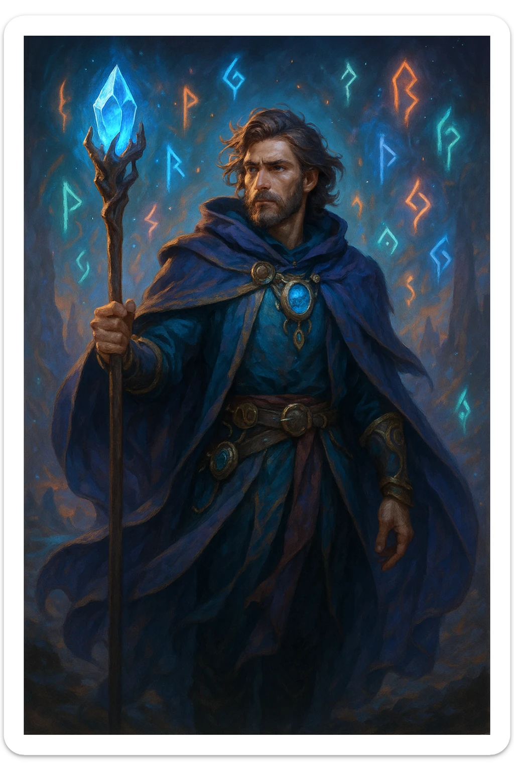 A fantasy hero with a staff, wearing a cloak and mystical accessories, glowing runes in the background, in a fantasy world sticker