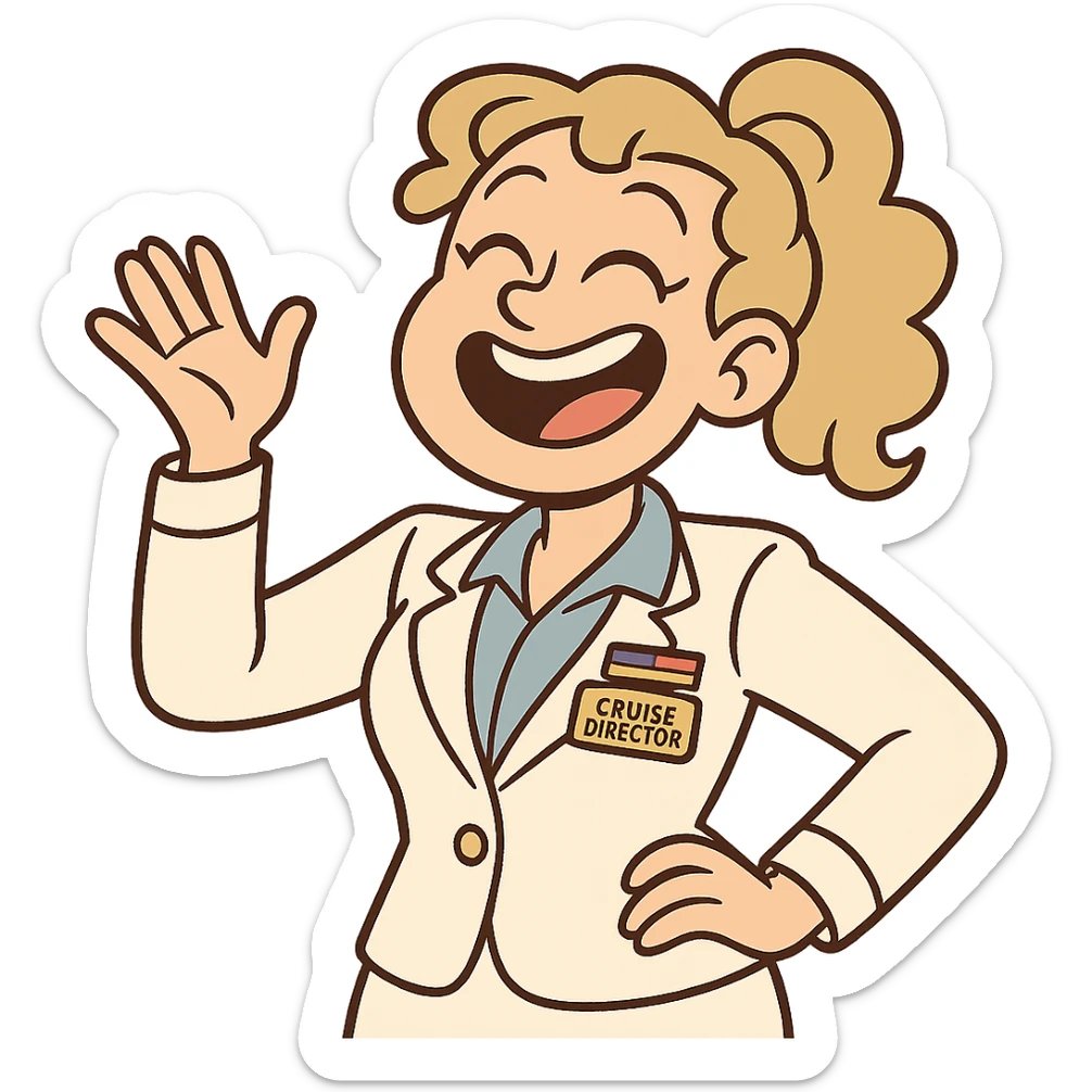girl cruise director with curly dirty blonde hair in a ponytail, very happy sticker
