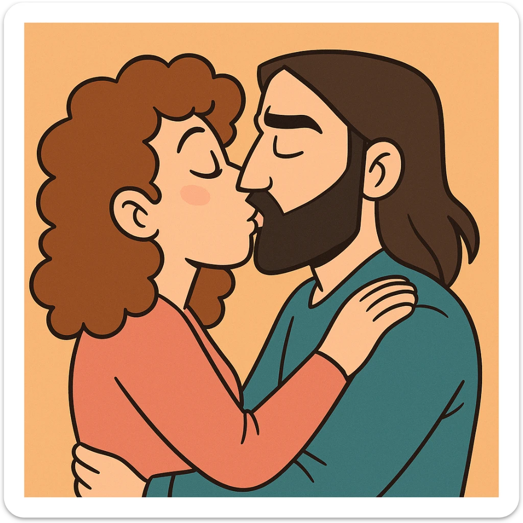 modern cartoon style of a white woman with curly brown hair and a white man with long hair and black beard kissing, bright colors, simple background sticker