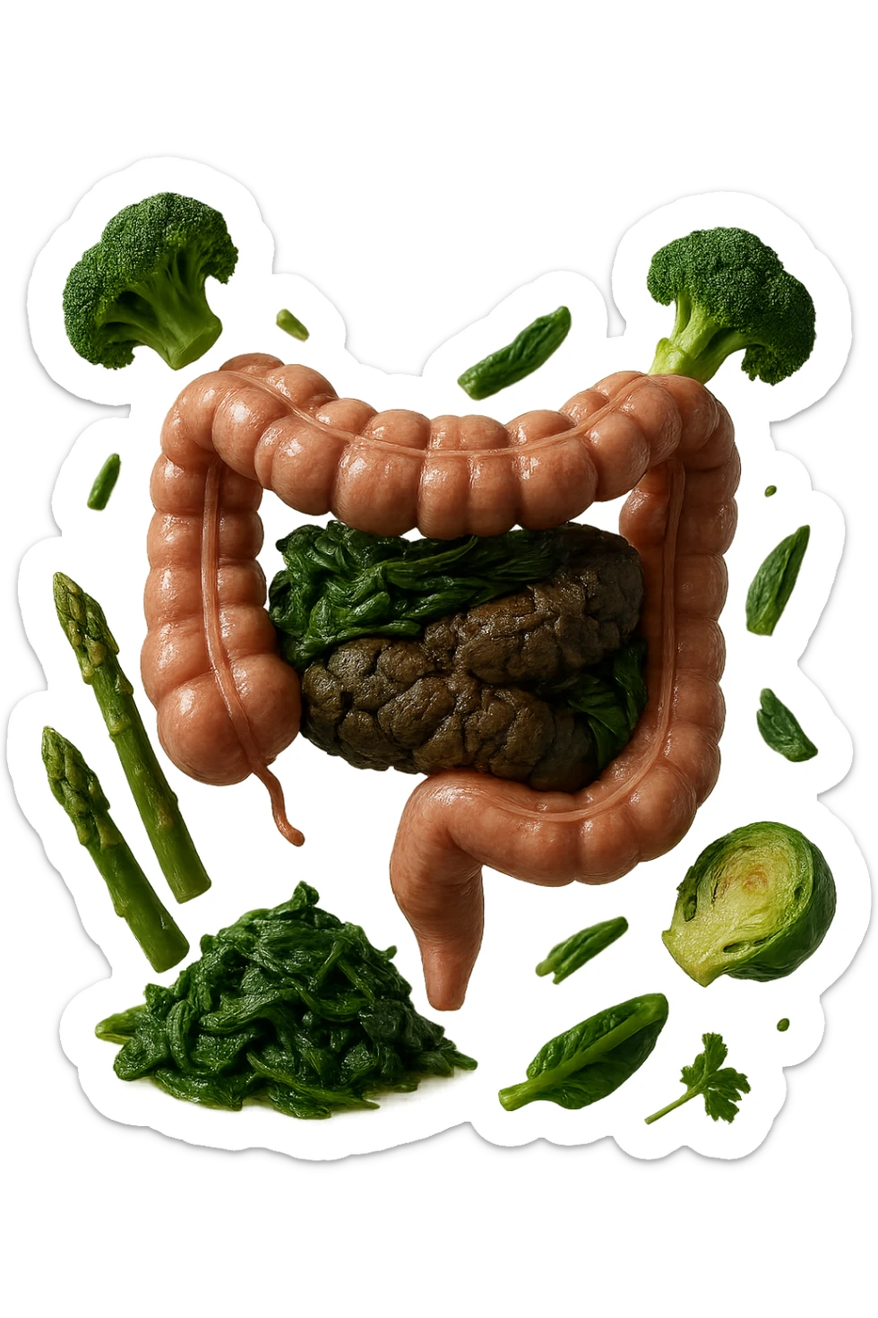 VERDURE COTTE FLUTTUANO IN ARIA INSIEME AD UN INTESTINO CON FECI BLOCCATE NEL COLON, iperrealistica 4k sticker