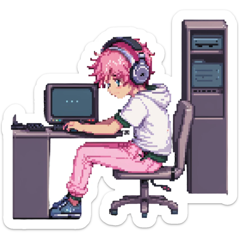 boy in pink pants sitting at a computer listening to music with headphones sticker