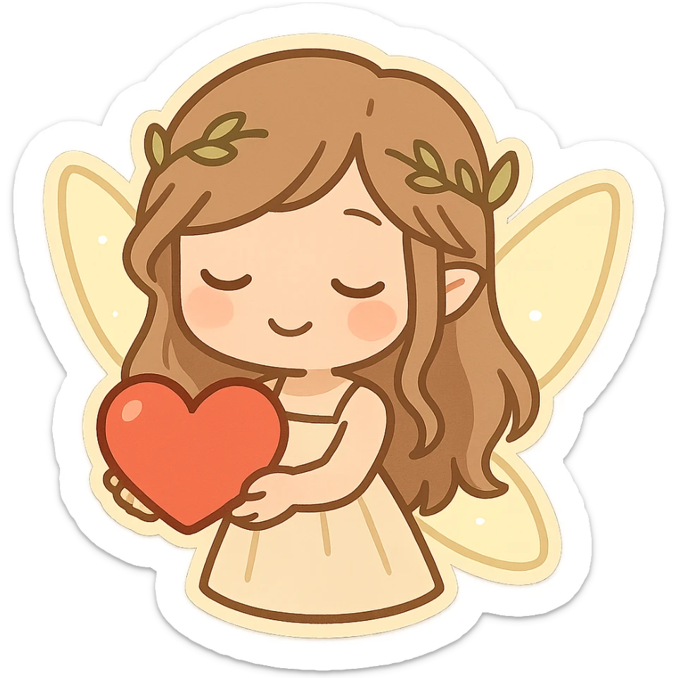 mythical emote showing care and affection, gentle fairy with glowing wings offering a heart, magical and whimsical, suitable for a friend sticker