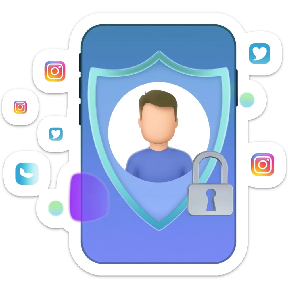 Emoji representing protection of a personal brand online: shield around a smartphone with profile avatar, small social media icons around it, lock symbol on the shield, clean modern emoji style, bright colors, symbolizing security and digital identity. sticker