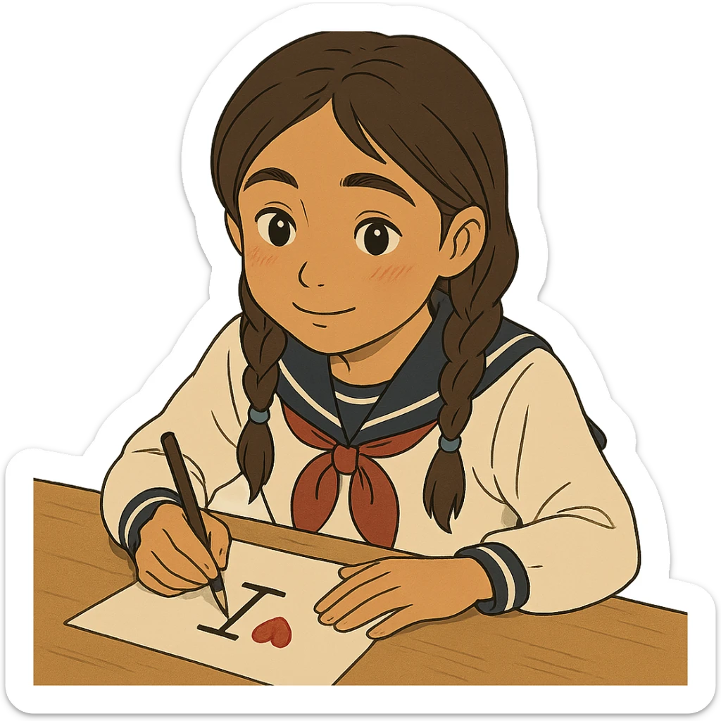 Kazakh girl in Korean school uniform, drawing a T with a heart on paper in ghibli style sticker