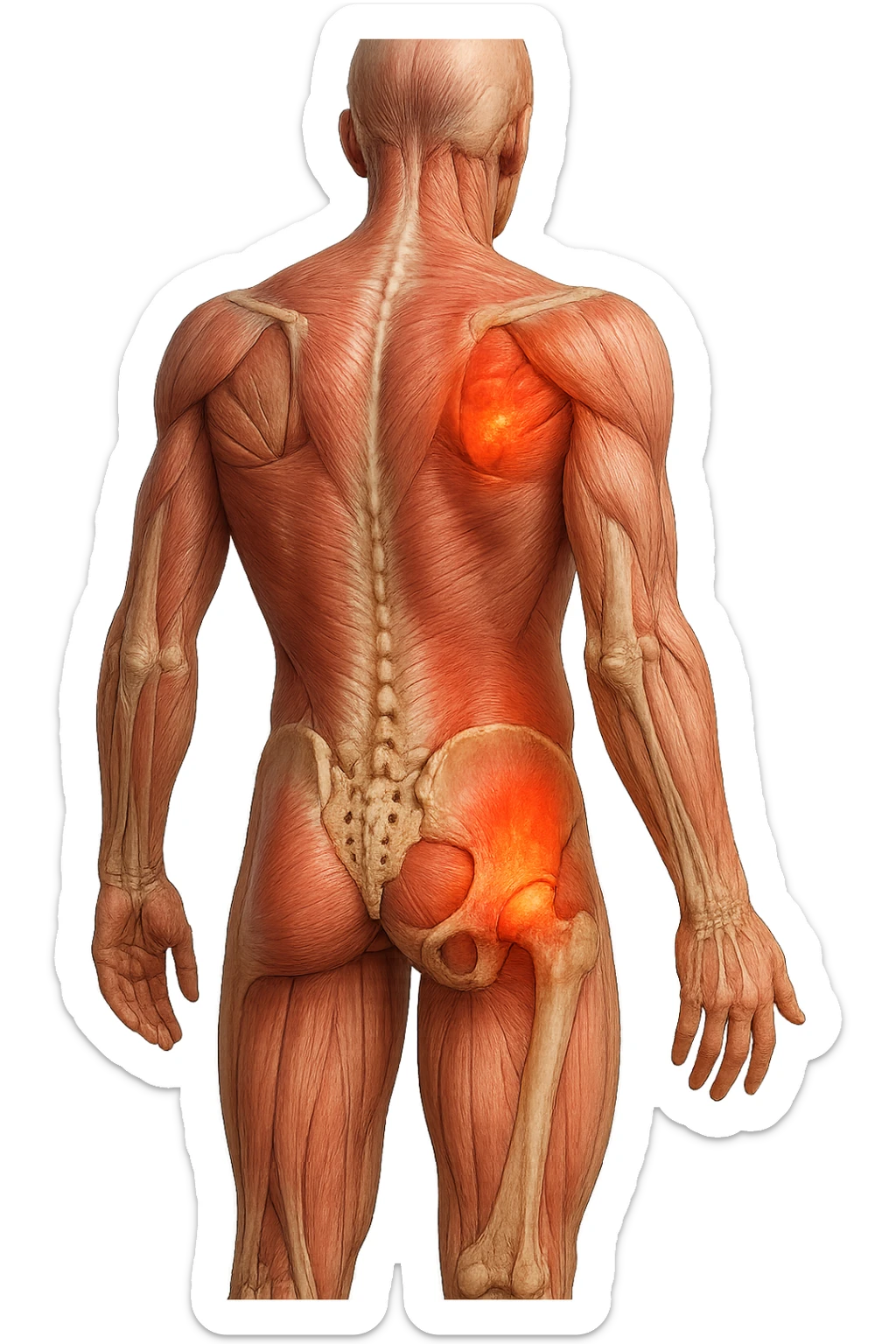 CORPO UMANO ANATOMICO A FIGURA INTERA REALISTICO DI SPALLE CON DOLORE ALLA LOMBARE INFIAMMATA, DOLORE ALL'ANCA, IPERREALISTICO 4K sticker