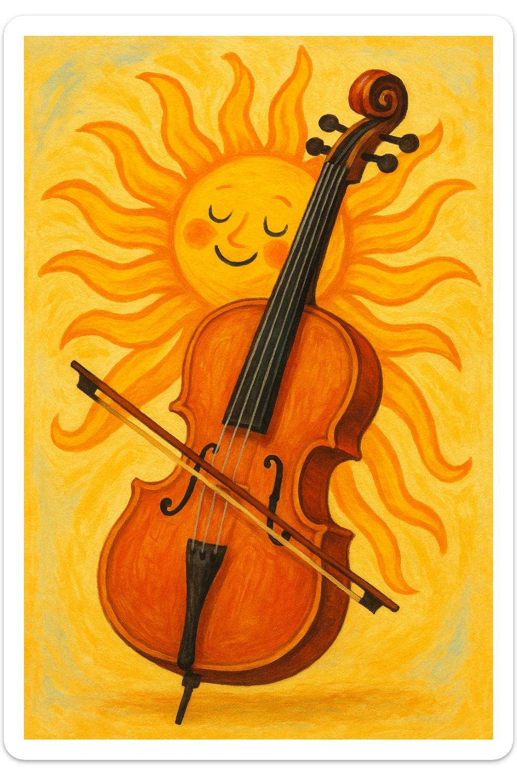 A whimsical fusion of a violoncello and a bright summer sun, with cello body morphing into sun rays, cheerful and imaginative. sticker