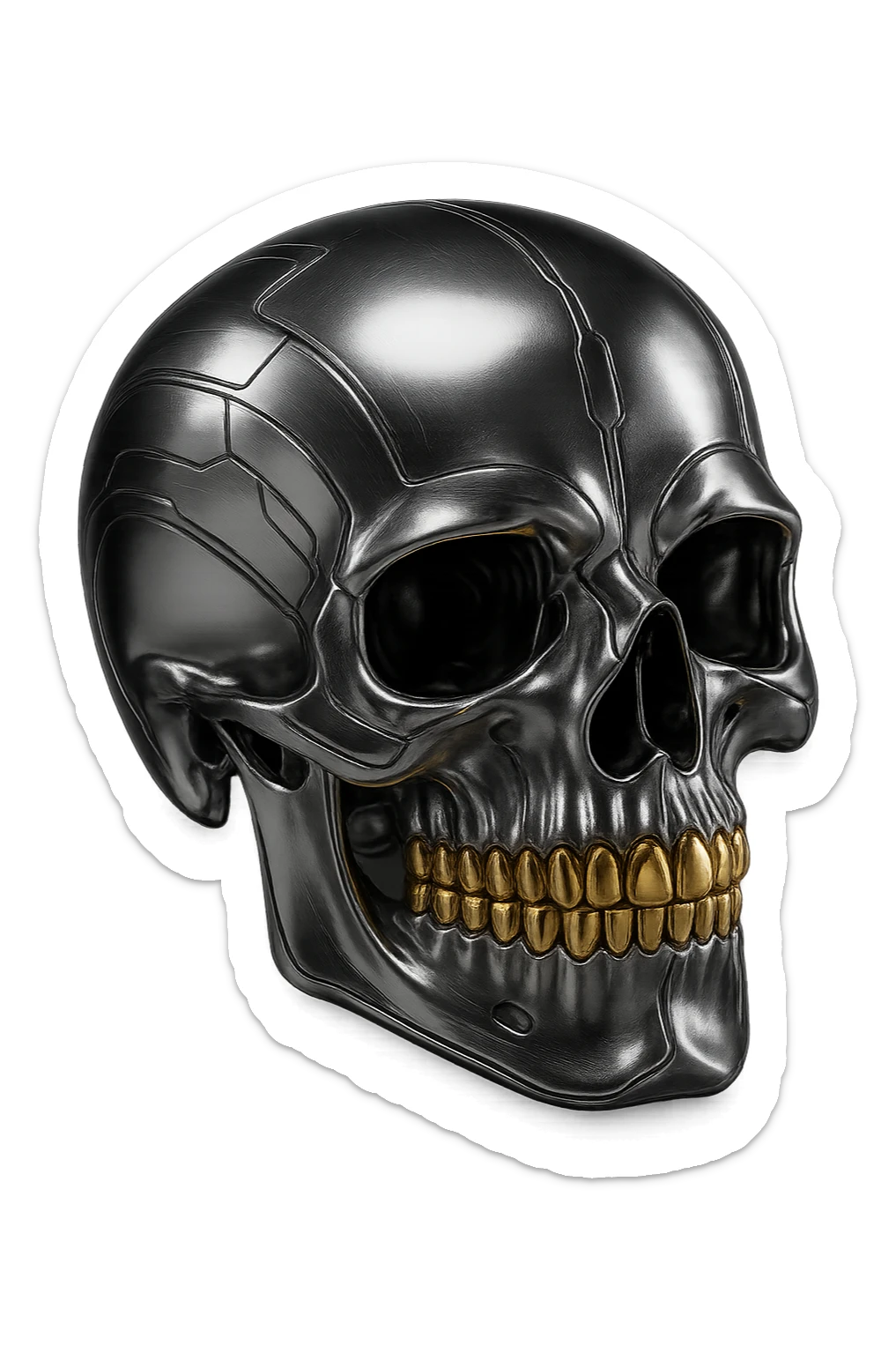 Add gold teeth to the 3d metallic chrome skull, keep the reflective futuristic look, with no background. sticker