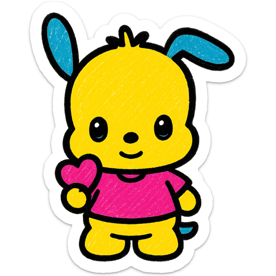 Sanrio Pochacco as a cute Popmart doll emoji, holding a tiny heart, glossy eyes, chibi proportions, sweet smile sticker