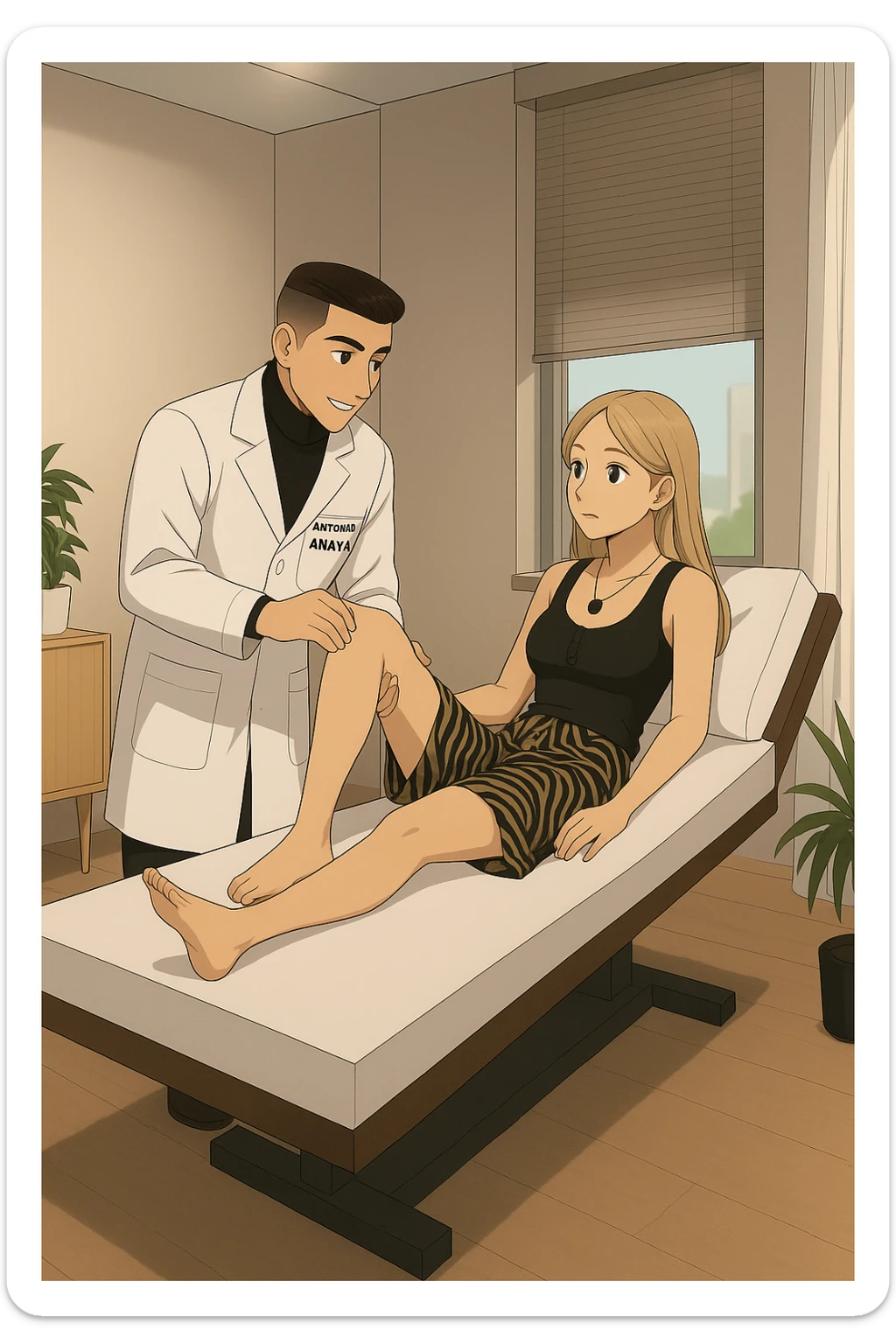 fai un webtoon/manga a colori con questo kinesiologo in camice bianco (fagli la scritta "ANTONIO ANANIA" SUL CAMICE) CHE SVOLGE UN TEST NEUROMUSCOLARE SOLLEVANDO UNA GAMBA ALLA RAGAZZA CHE è STESA SU UN LETTINO BIANCO. STANZA SEMPLICE E MODERNA, DURANTE IL TEST I DUE DIALOGANO TRA LORO. NON FARE I FUMETTI, FAI SOLO LORO COME SE DIALOGASSERO sticker