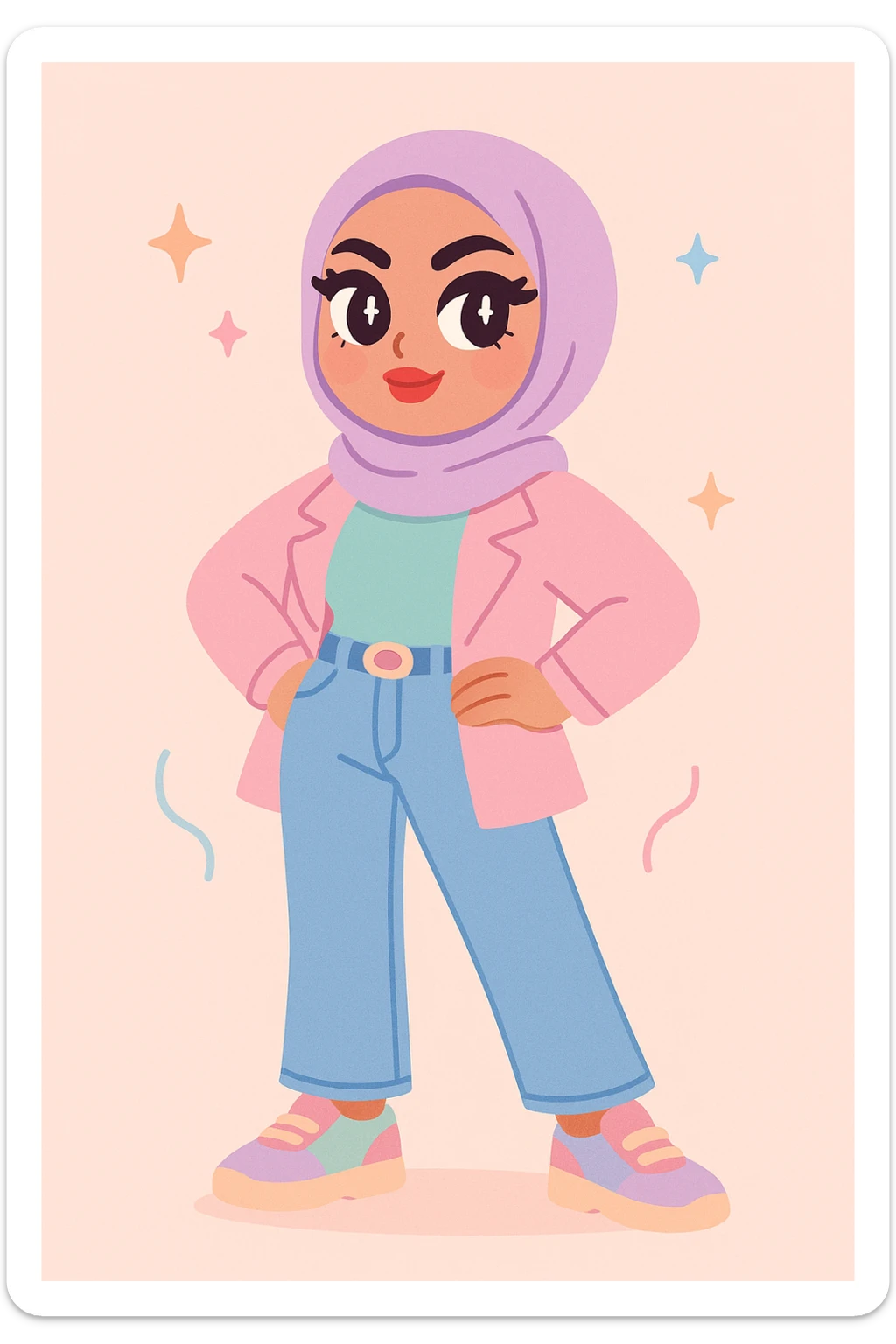 baddie hijabi, confident pose, bold makeup, trendy outfit, stylish hijab, modern fashion, attitude, vibrant colors sticker
