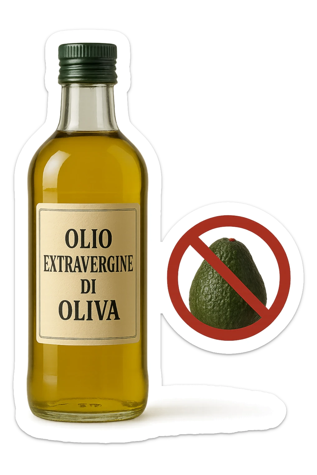 BOTTIGLIA DI OLIO EVO CON LA SCRITTA "OLIO EXTRAVERGINE DI OLIVA" SULL'ETICHETTA E AVOCADO CON DIVIETO SOPRA,  iperrealistico 4k sticker