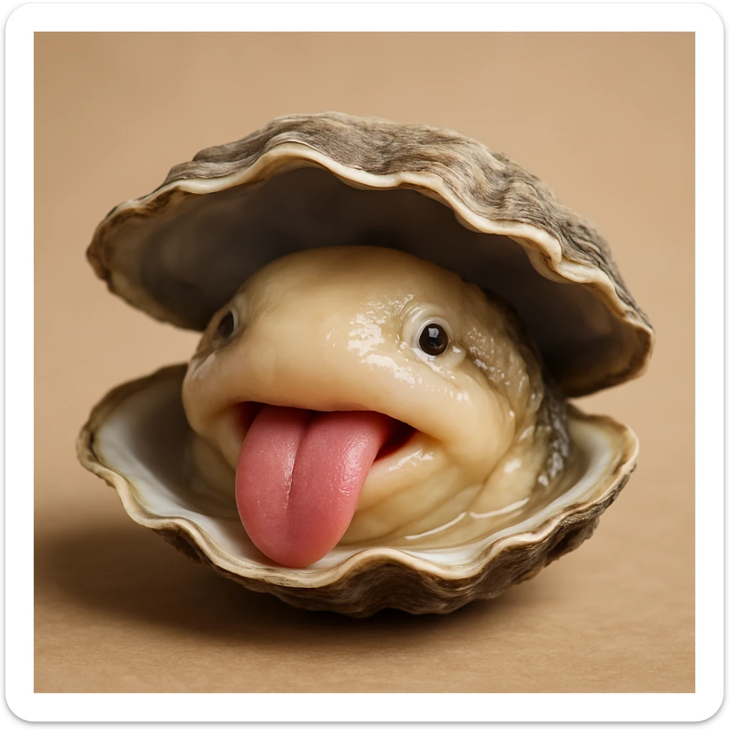 A cute oyster sticking out its tongue, in photorealistic style. sticker