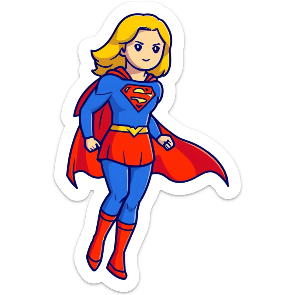 Supergirl superhero full body, blue suit with red cape and S emblem sticker