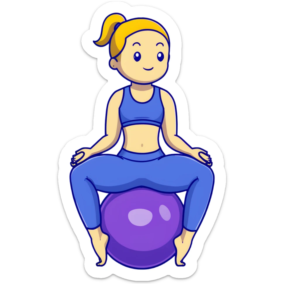 Yellow-skinned girl with high ponytail wearing blue sports bra and navy yoga pants doing yoga with a large exercise ball sticker