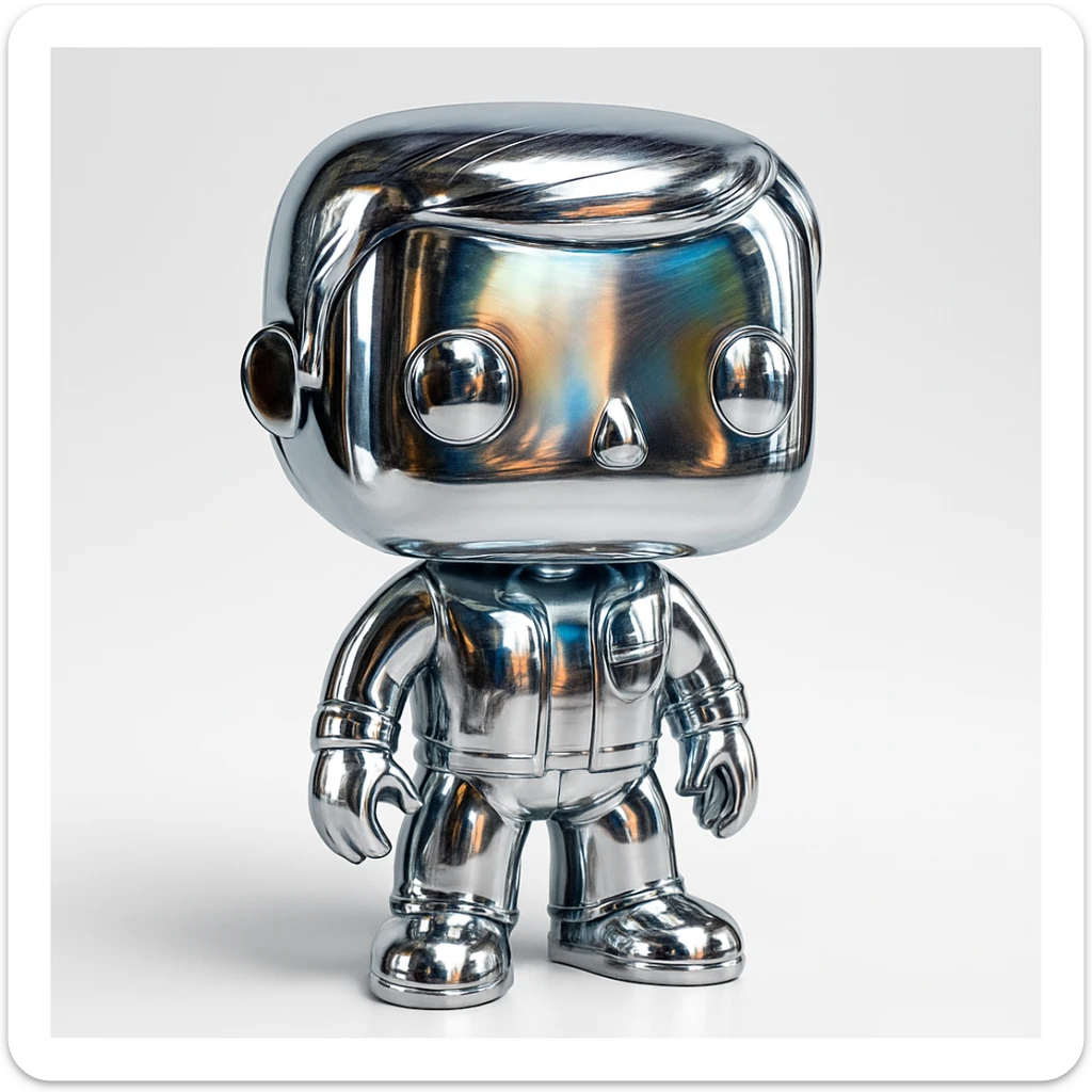 a group of colorful Funko Pop style figures together, shiny chrome finish, vibrant and playful, each figure a different bright color sticker