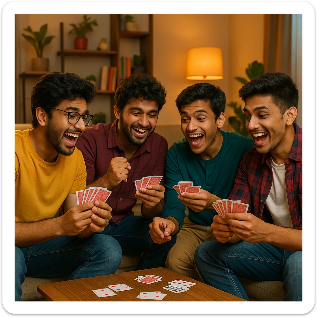 four Indian college boys sitting together, playing cards (tash), casual clothing, lively expressions, indoor setting, vibrant atmosphere sticker
