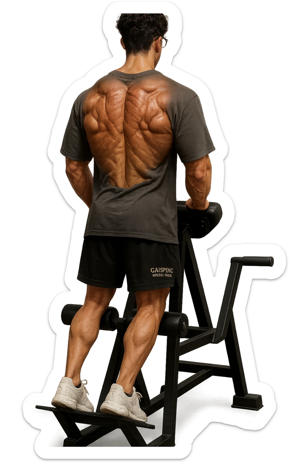 lascia questo ragazzo identico ma fallo in piedi di spalle con fasci muscolari della schiena contratti, iperealistico 4k sticker