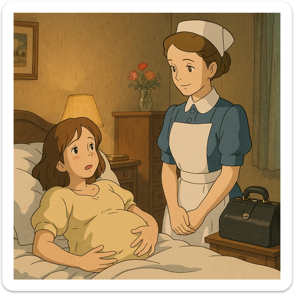 A british midwife from the 1940s standing at the bedside of a pregnant young mother who is about to give birth.  The room is from the 1940s and the midwife has her medical bag on a table on the side. sticker
