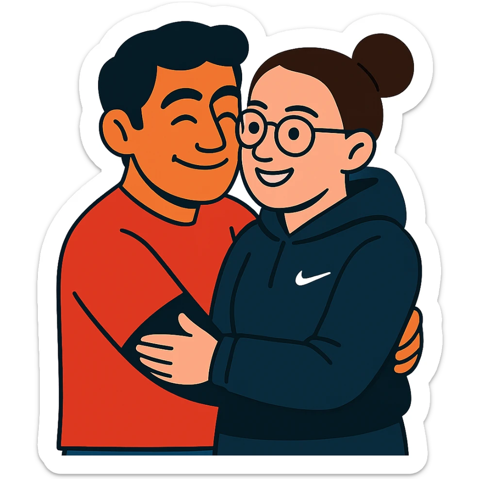 hispanic man with black hair hugging a light-skinned woman in a black Nike hoodie, woman has one bun in the back and thin black glasses sticker