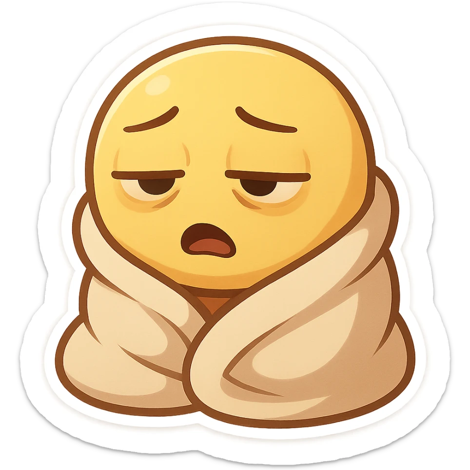 cartoon style emoji of a groggy face, droopy eyelids, wrapped in a blanket, morning look sticker