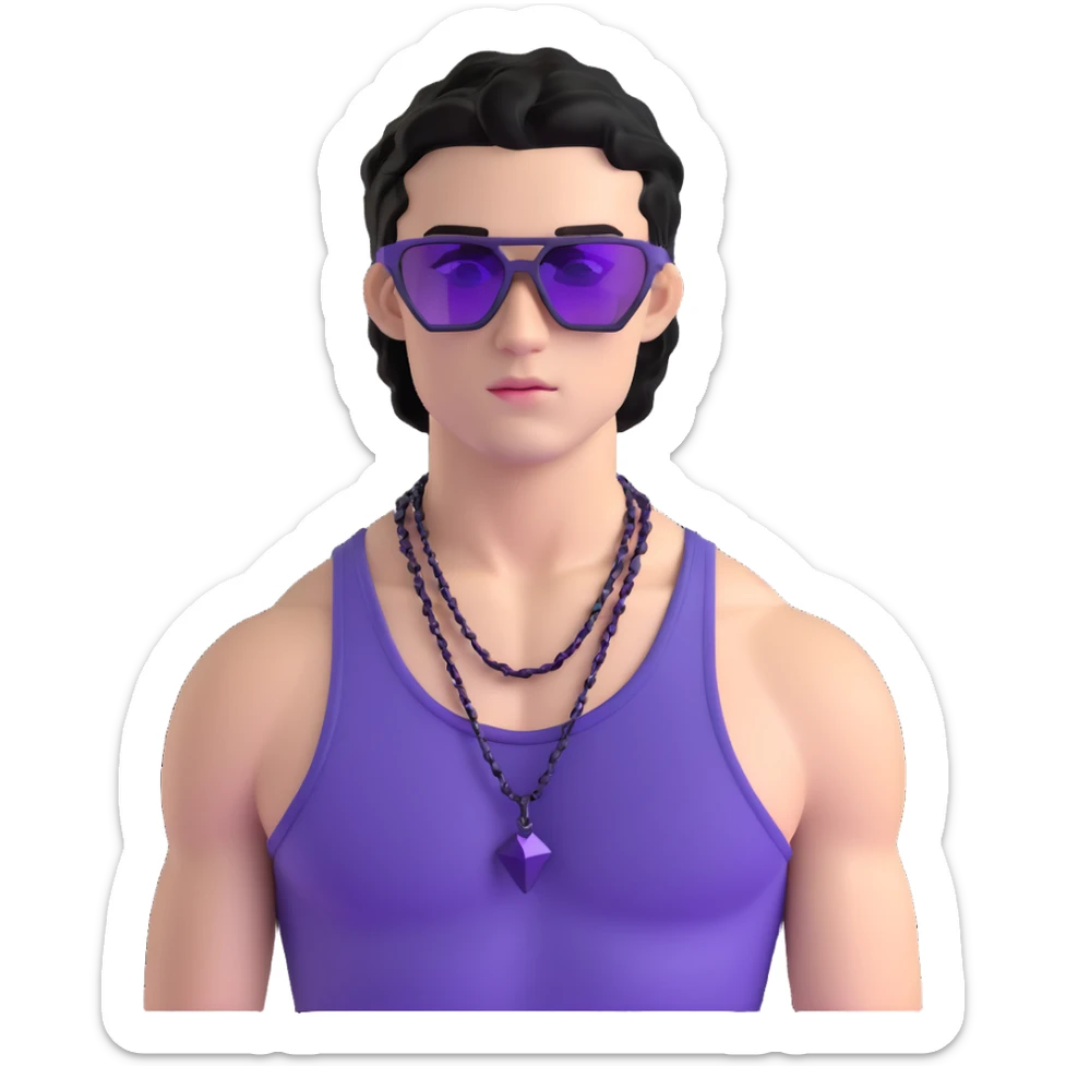 shirtless male athlete with white skin and moderately curly black hair on top with shaved sides, wearing sharp angular geometric purple sunglasses with very dark heavily tinted black lenses, and a simple plain black chain necklace, no earrings sticker