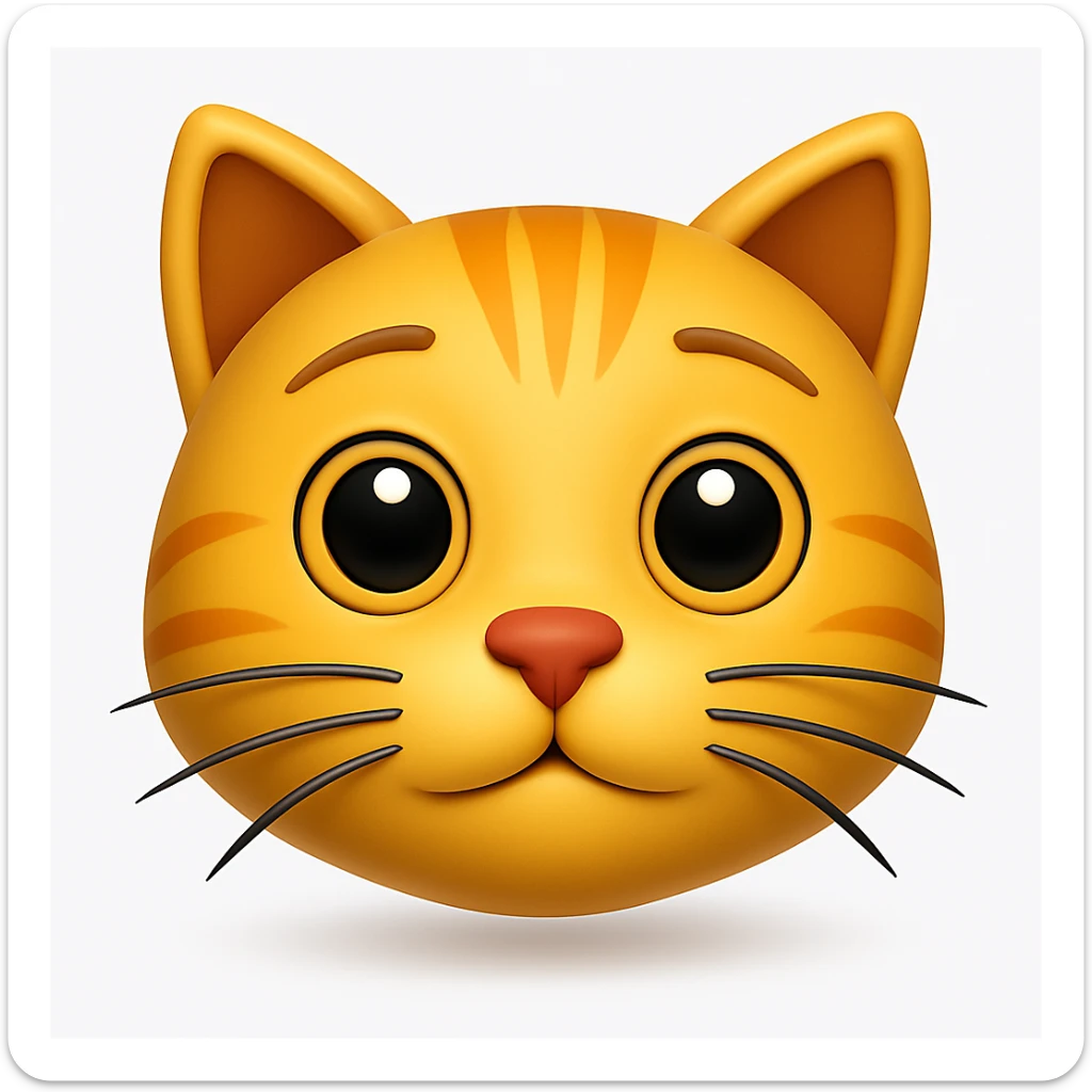 Remove the antenna thing on top of the cat's head. Keep the image exactly the same otherwise. Add a soft shadow under the face. The style is iOS emoji style, 3D, shiny, smooth gradients, soft shadows, realistic cat face, classic emoji look. sticker