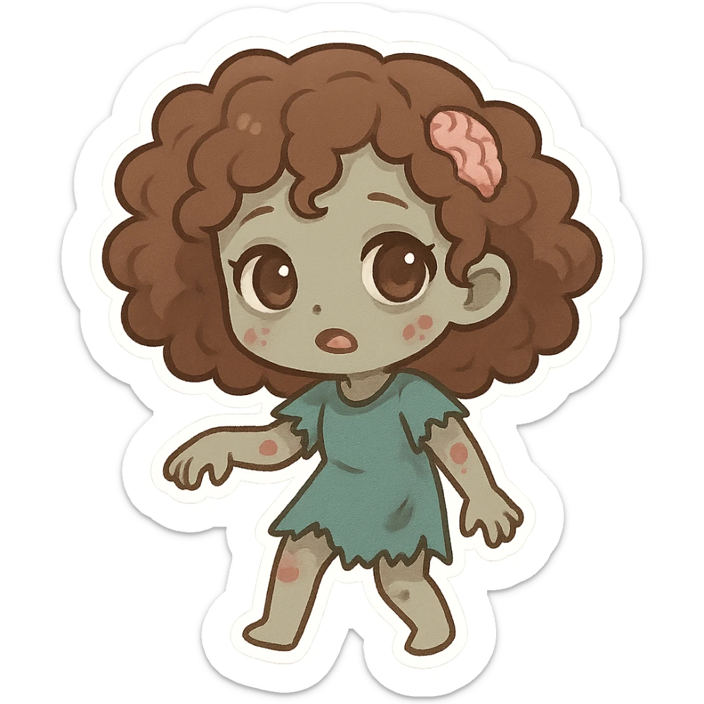 zombie girl with curly brown hair and brown eyes, cute chibi style sticker