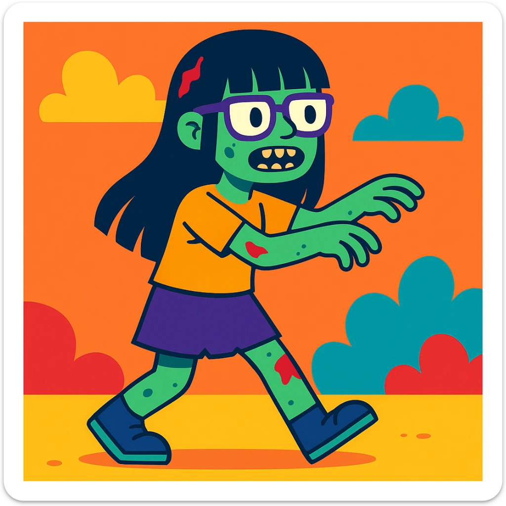 zombie girl with long black hair, bangs, and glasses, colorful cartoon style sticker