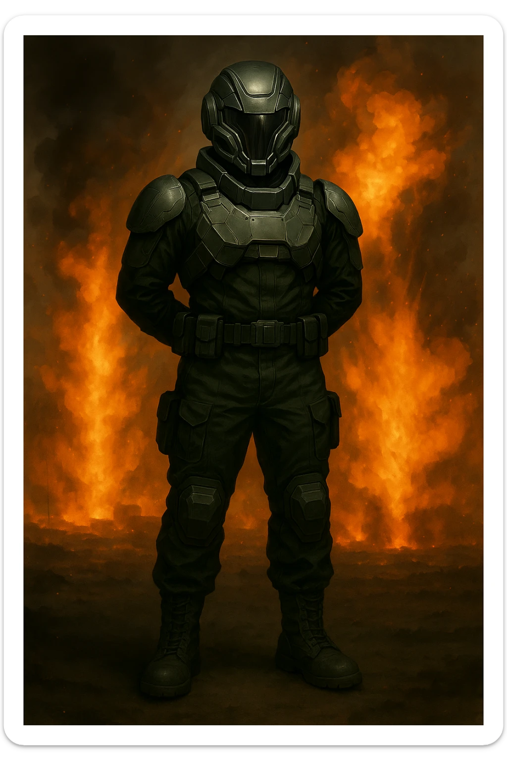 Add a sci-fi helmet to the man, keeping the dark green military fatigues and warzone background with explosions and flames. The style should maintain a realistic and intense warzone atmosphere with detailed explosions and flames in the background. sticker