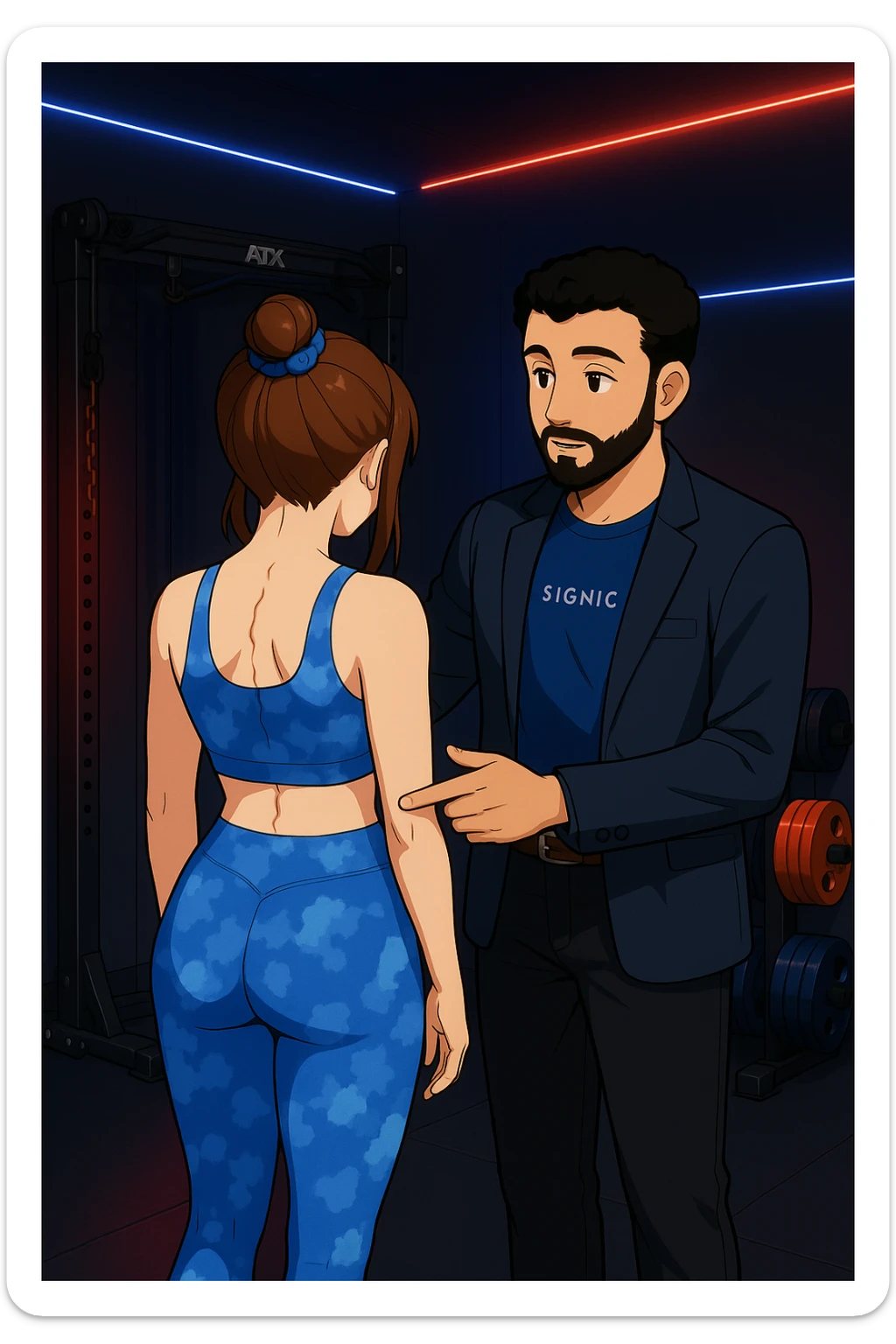 ispirati a questo stile di disegno e fai questa immagine in versione manga/webtoon a colori, il manga mostra la donna di spalle, mentre l'uomo le tocca la spina dorsale per spiegarle come funziona la scoliosi:
Con una scoliosi il baricentro corporeo cade maggiormente da un lato; per non cadere la schiena compensa accumulando tensione sul fianco opposto.
Il risultato? Si inclina e ruota sempre più, fino a che non cede (discopatie, artrosi, ecc) sticker