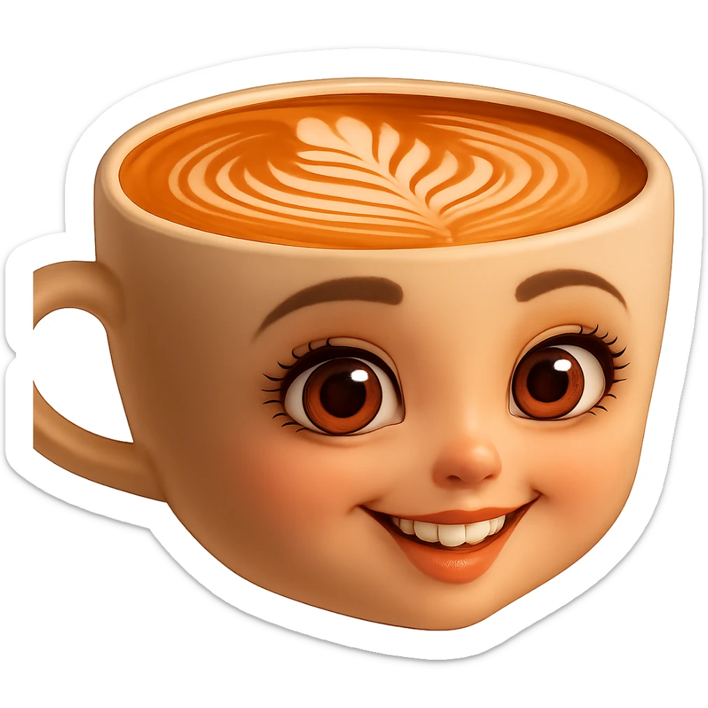 Edita la imagen para que el personaje de la taza de café  MANTENGA exactamente su estilo original,  y colores según la imagen de referencia. ELIMINA FONDO PARA QUE QUEDE TIPO EMOJI NO DBE TENER CUELLO.EL AZA O MANGA DE LA TAZA  DEBE SER COMPLETAMENTE VISIBLE sticker