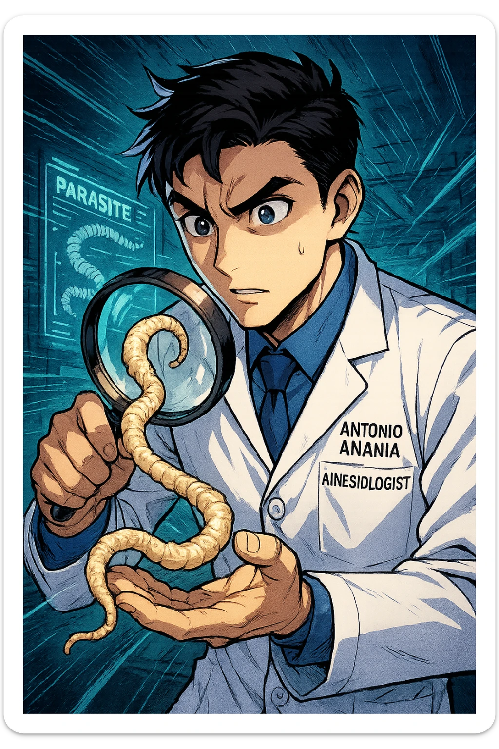 A dynamic manga/webtoon-style illustration of a young male kinesiologist wearing a clean white lab coat, analyzing light beige worms like a tapeworm under a magnifying glass. His expression is focused and slightly intrigued, with sharp, detailed eyes. The art style is vibrant, with bold linework, rich colors, and dramatic lighting. The background is a futuristic laboratory with glowing holographic screens displaying parasite data. The tapeworm is intricately drawn, slimy and segmented, with a slightly exaggerated yet realistic texture. The composition is dynamic, with motion lines or energy effects to emphasize his scientific investigation. The atmosphere is intense but not dark, keeping a balance between scientific seriousness and stylish manga aesthetics, he has "ANTONIO ANANIA" WRITTEN ON WHITE LAB COAT sticker