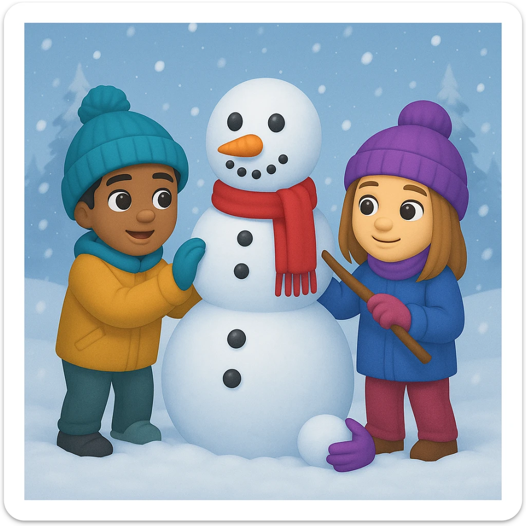 Show two different kids (different hair and clothing colors) building a snowman in a snowy background, keep the emoji style sticker