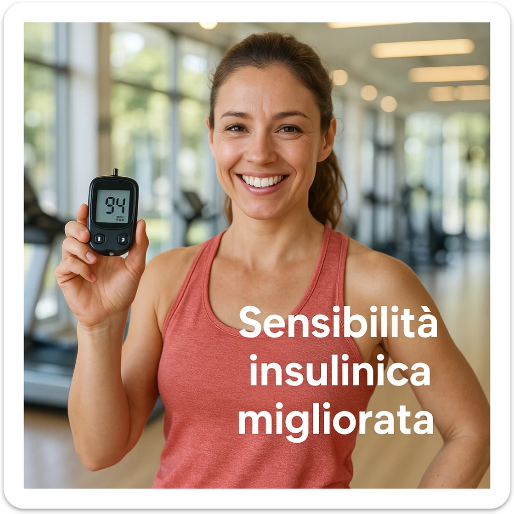 adult woman in sportswear smiling holding a glucometer showing normal values, satisfied expression, bright gym background, Italian text 'Sensibilità insulinica migliorata', 4K quality sticker