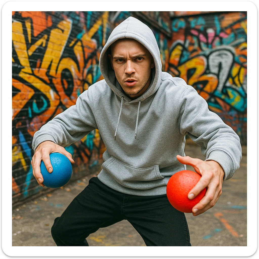 A white rapper in a hoodie, blue ball in left hand, red ball in right hand, energetic stance sticker