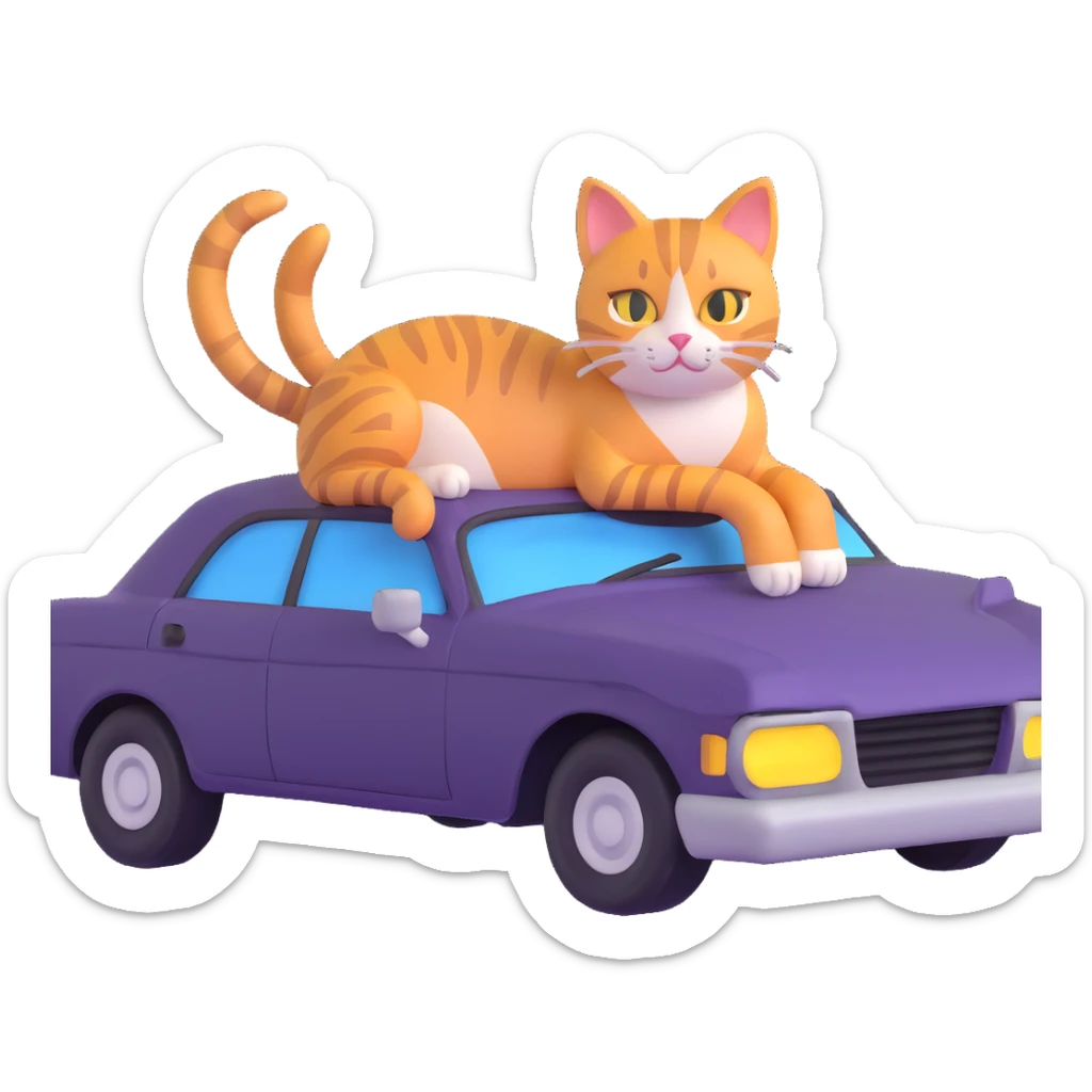 a beautiful cat lounging on the hood of a damaged car sticker