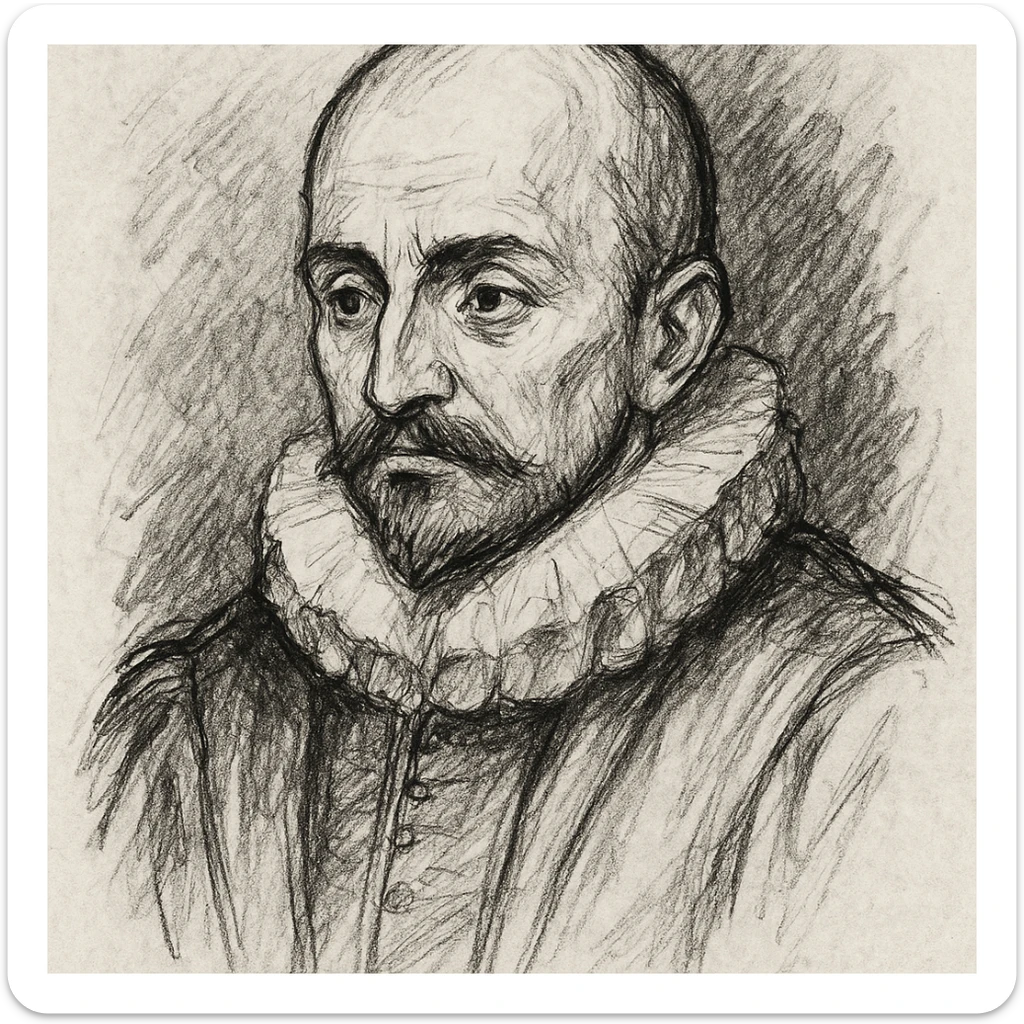 make a less detailed portrait of Montaigne, the french philosopher, a black outline sticker