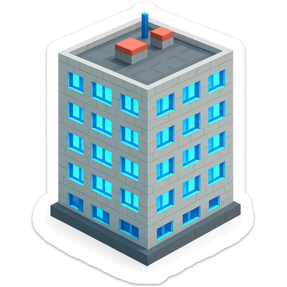 Russian panel apartment building, compact square block, light gray, UV glowing windows, isometric view sticker