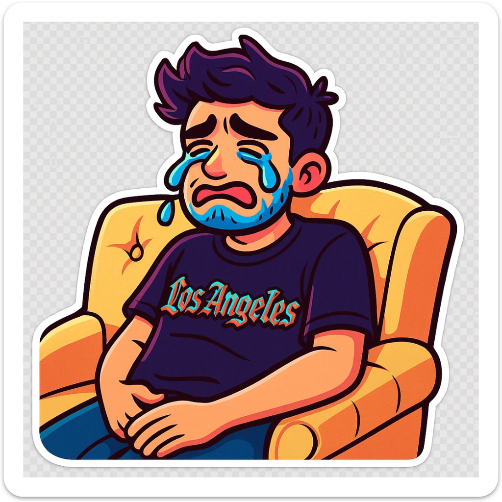 Convert the photo to a cartoon sticker in the style of Flux Pro with a crying expression and transparent background. The style should reflect the vibrant and pop colors typical of Flux Pro cartoon stickers. sticker