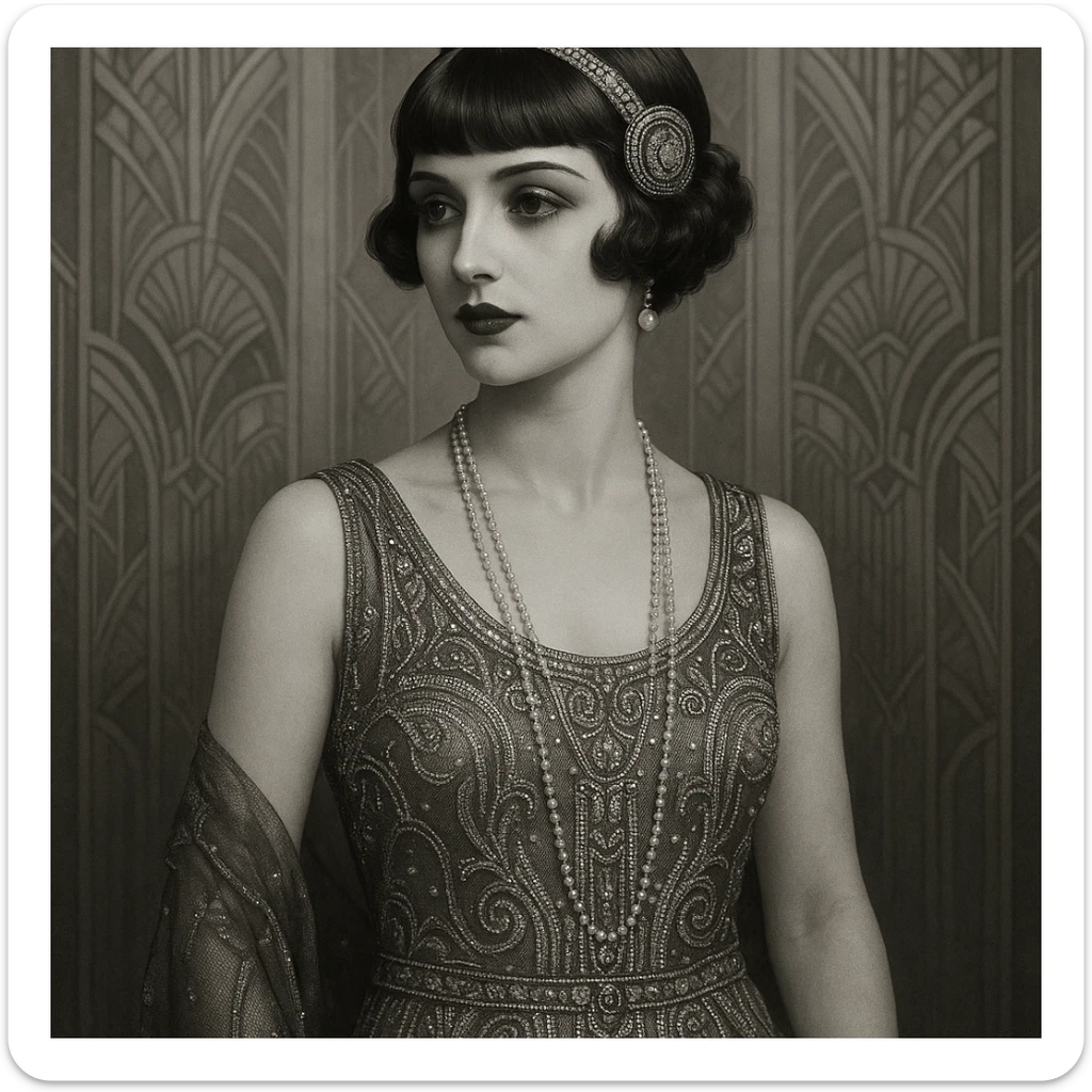 1920s woman, flapper style, short bob haircut, elegant dress, art deco influence, vintage fashion, detailed, elegant sticker