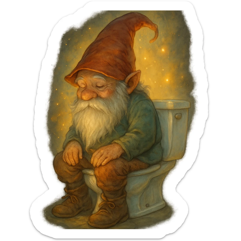 magical realism style gnome sitting on a toilet, detailed, whimsical, glowing light, ghibli style sticker