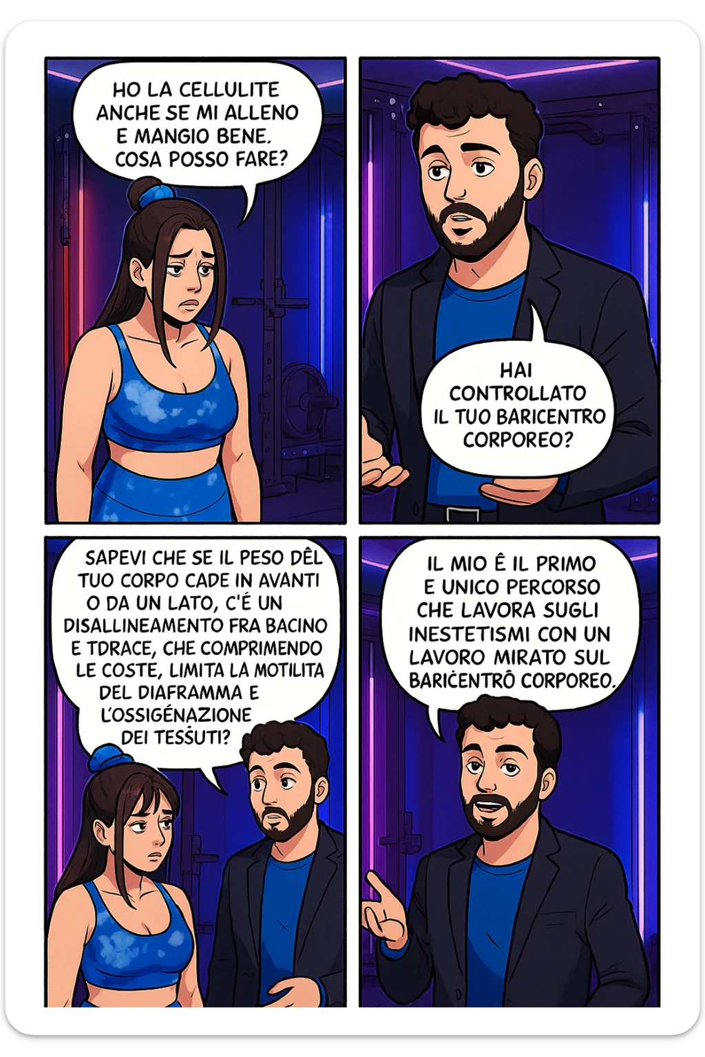 TRASFORMA QUESTO CAROSELLO IN UN FUMETTO STILE MANGA A COLORI CON QUESTE DUE PERSONE IDENTICHE CHE INTERLOQUISCONO TRA LORO:

LEI: Ho la cellulite anche se mi alleno e mangio bene, cosa posso fare?

LUI: Hai controllato il tuo baricentro corporeo?
LUI: Sapevi che se il peso del tuo corpo cade in avanti o da un lato, c’è un disallineamento fra bacino e torace, che comprimendo le coste, limita la motilità del diaframma e l’ossigenazione dei tessuti?
LUI: Il mio è il primo e unico percorso che lavora sugli inestetismi con un lavoro mirato sul baricentro corporeo. sticker