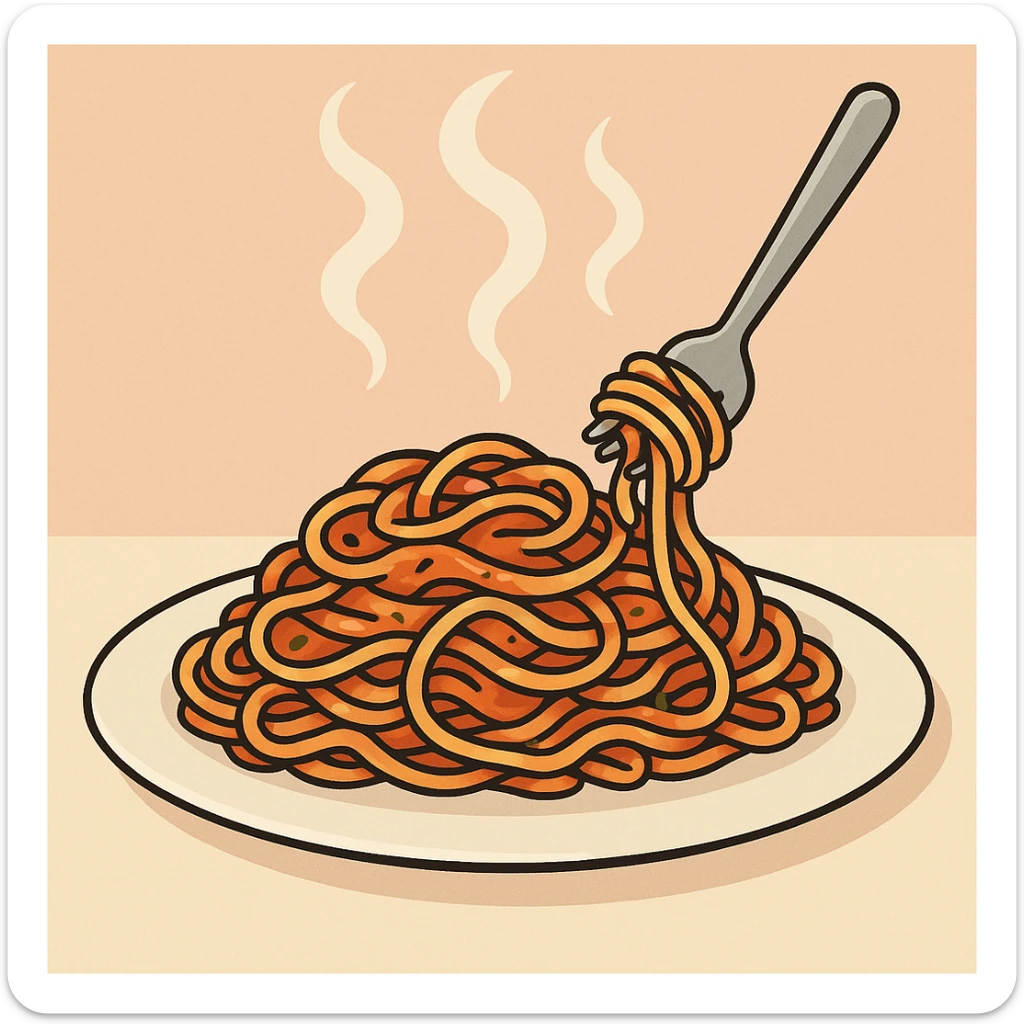 a cartoon-style plate of vodka pasta, steam rising, with a fork twirling noodles sticker