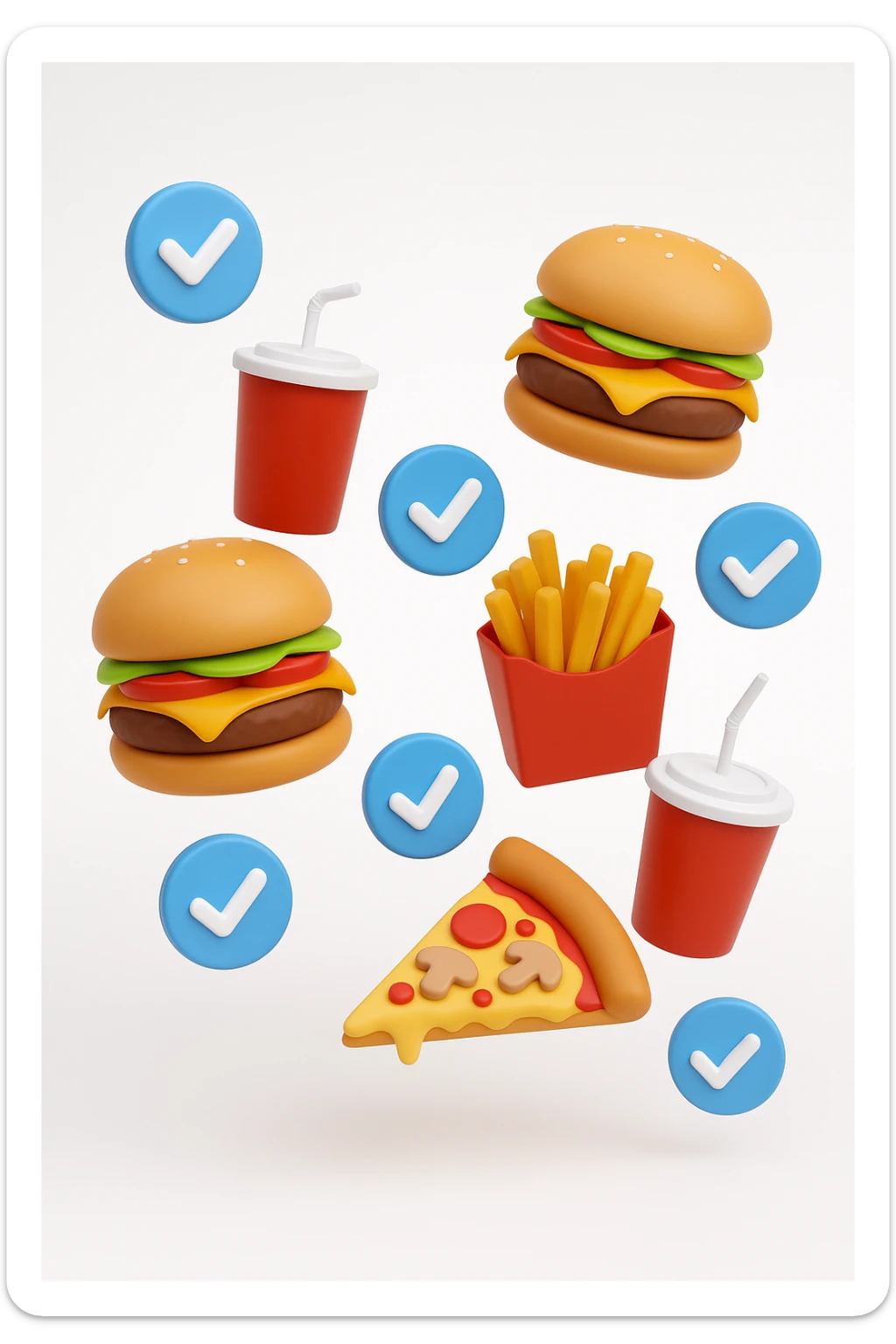 fast food fluttua in aria insieme a spunte di verificato in 3d, sfondo bianco sticker
