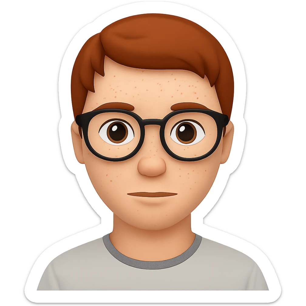 Add glasses to the freckled man with straight hair in emoji style, no background. sticker