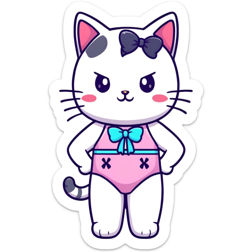 Cute short cat girl with bow, big head and small body in a colorful swimsuit, kawaii style sticker