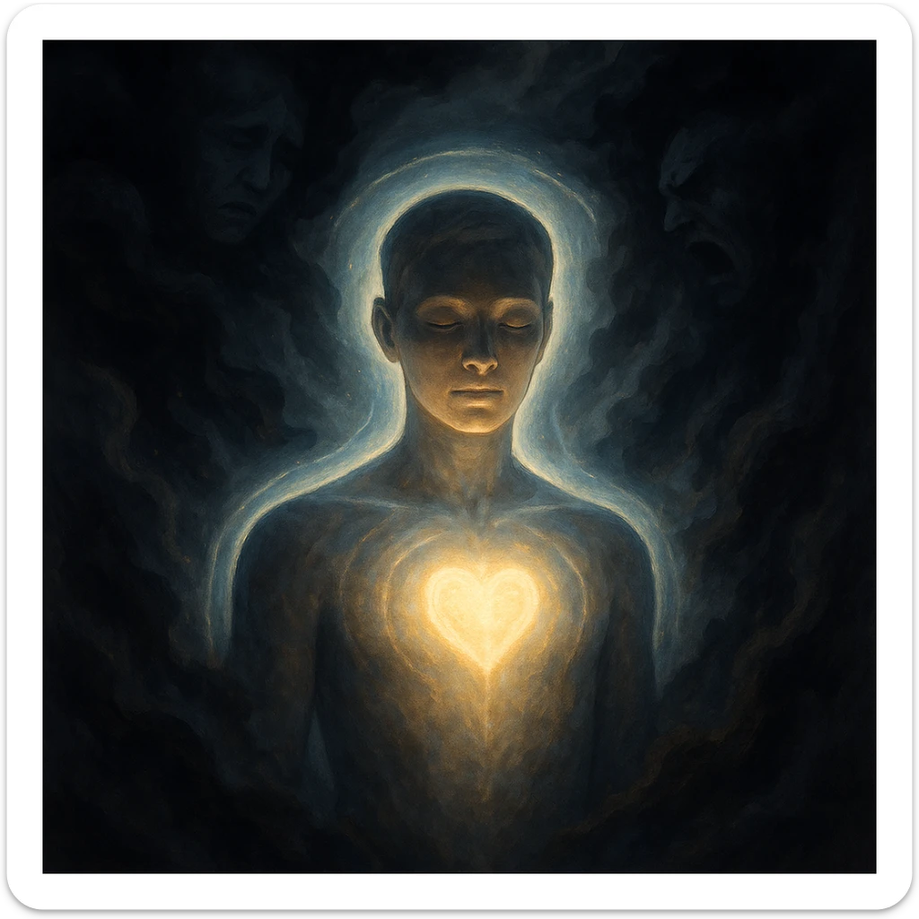 Symbolic depiction of a semi-realistic human figure surrounded by dark, heavy emotional forces like shadows, smoke, or storm clouds. The body glows softly with a protective light or energy shield, especially around the heart and head. The figure has a calm, focused expression showing inner strength. Background includes subtle anxiety, sadness, or anger trying to reach the person but being deflected. Conceptual, spiritual and emotional healing theme with ethereal light and dark-vs-light contrast, rendered in 4K resolution. sticker