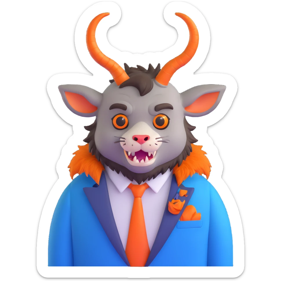 Beast from Beauty and the Beast, furry creature with horns and fangs wearing a blue formal jacket sticker