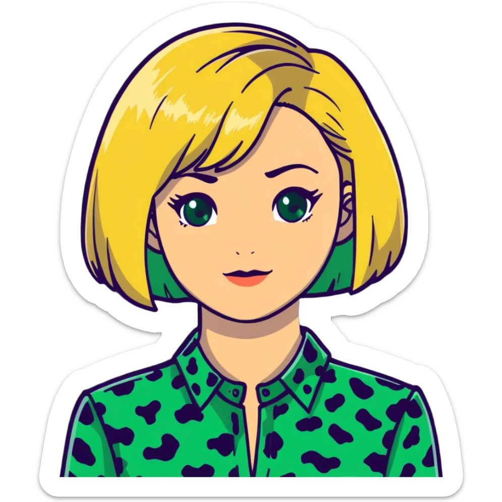 A blonde woman with green eyes and a bob haircut, wearing a green leopard print blouse sticker